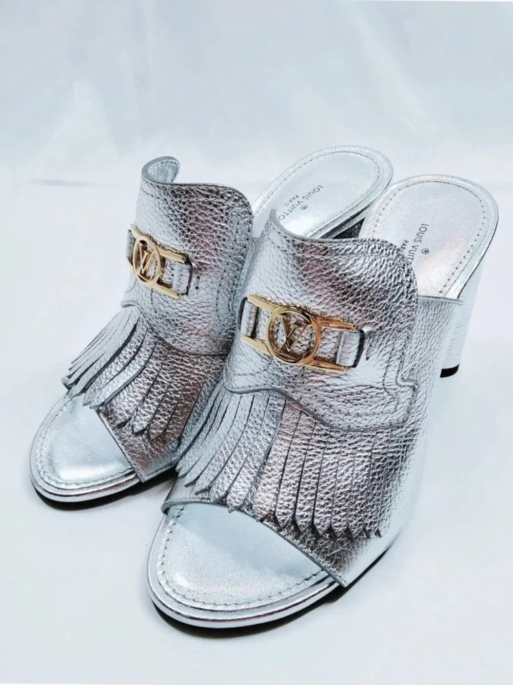 Authentic Louis Vuitton Silver Metallic Leather Fringe Mule Sandals Block Heels